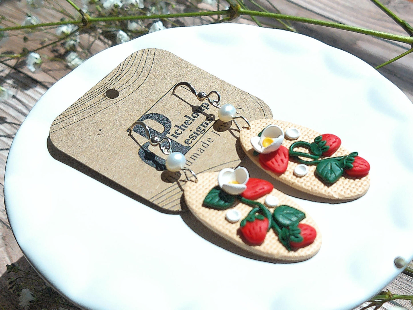 Strawberry Vine Earrings – Polymer Clay Garden Dangles with Freshwater Pearls & Sterling Silver Hooks