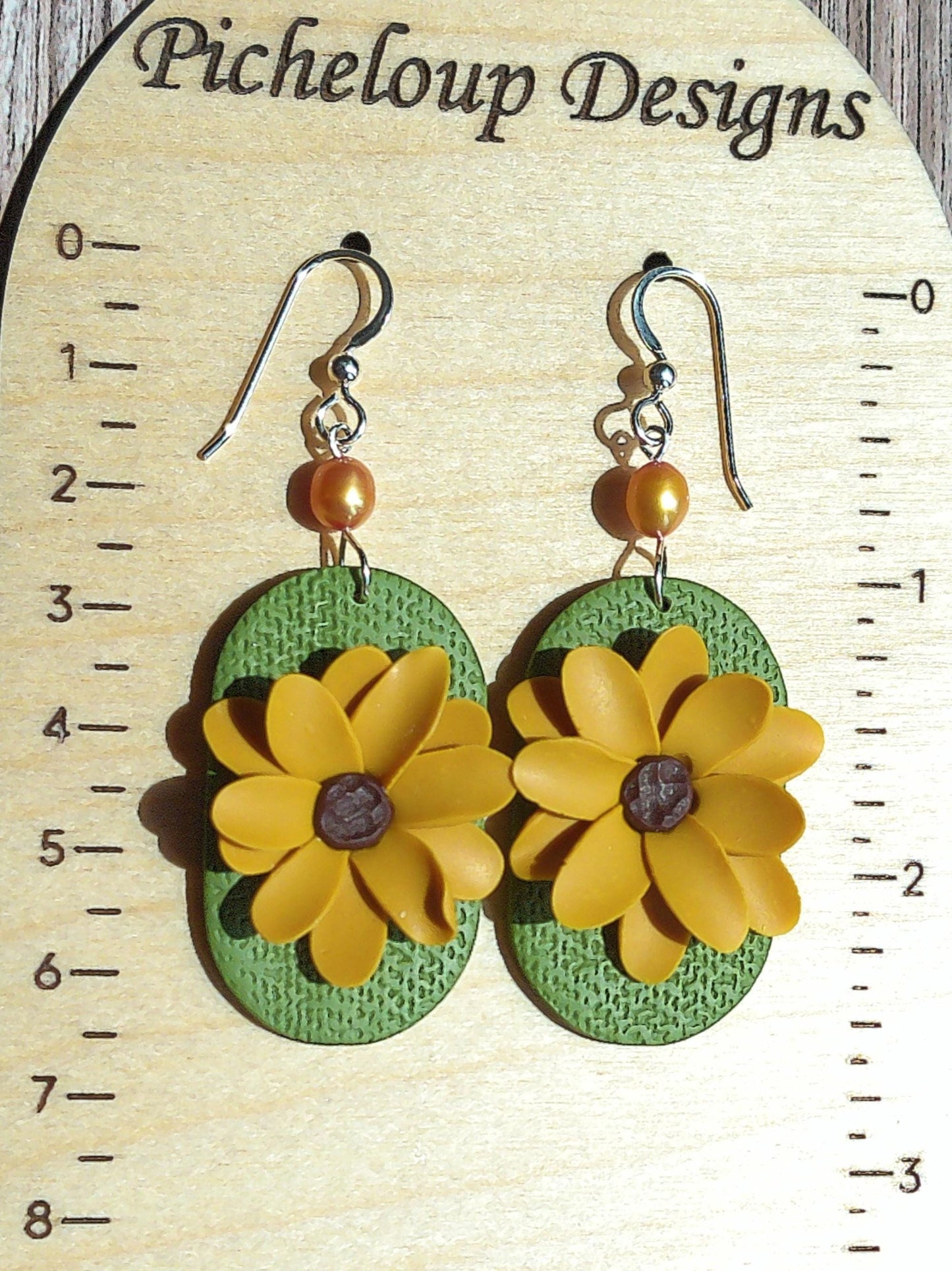 Sun Meadow Earrings – Sunflower Polymer Clay Dangles with Freshwater Pearl & Sterling Silver Hooks
