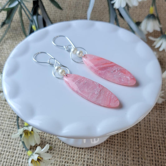 Oval Rose Quartz Clay Earrings – Lightweight Dangle Jewelry, Handmade Minimalist Gift for Her, Sterling Silver, Crystal Inspired Boho Style