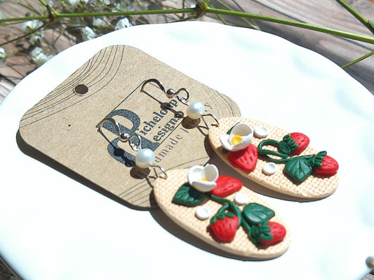Strawberry Vine Earrings – Polymer Clay Garden Dangles with Freshwater Pearls & Sterling Silver Hooks