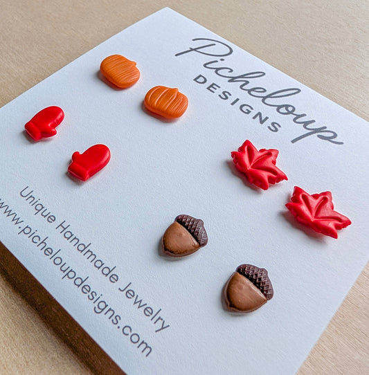Fall Stud Earring Set – Pumpkins, Mittens, Maple Leaf & Acorn (Hypoallergenic Titanium)