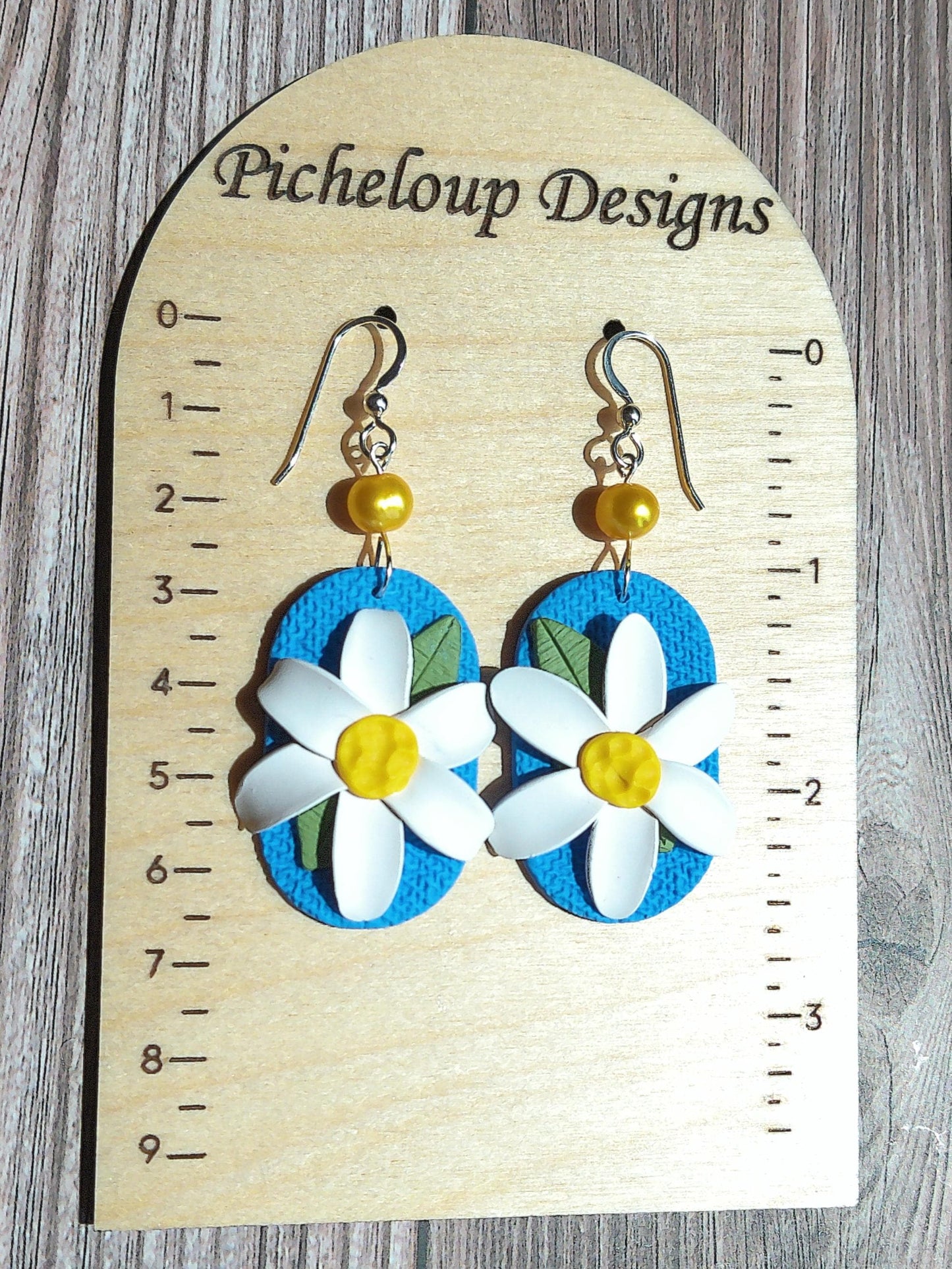Wild Daisy Bloom Earrings – Blue Polymer Clay Floral Dangles with Freshwater Pearl & Sterling Silver Hooks