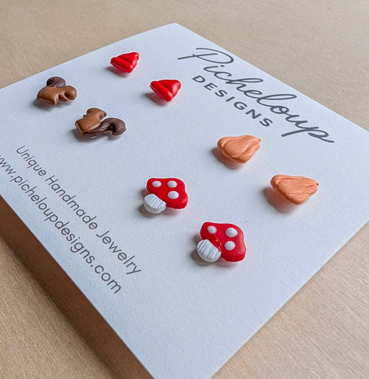 Fall Stud Earring Set – Mushroom, Squirrel, Hat & Squash (Hypoallergenic Titanium)