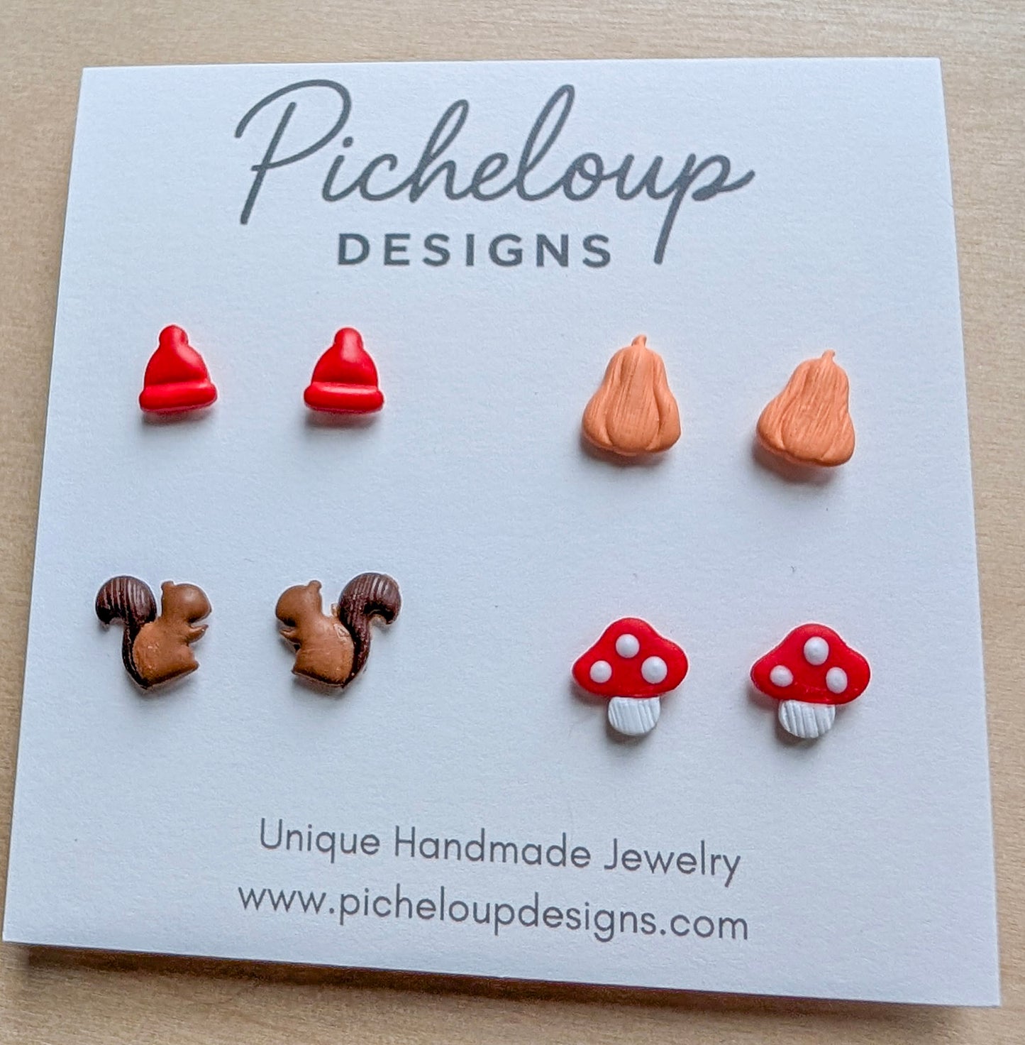 Fall Stud Earring Set – Mushroom, Squirrel, Hat & Squash (Hypoallergenic Titanium)