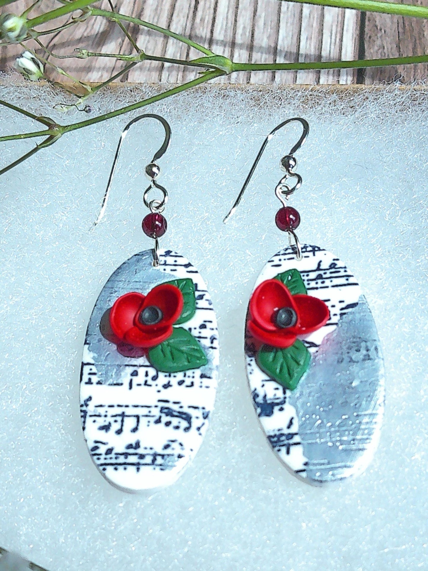 Sonata Earrings – Oval Polymer Clay Dangles with Garnet Accents & Music Note Design