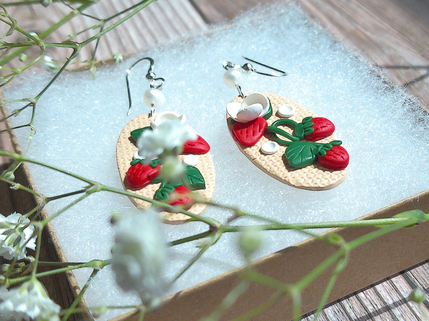 Strawberry Vine Earrings – Polymer Clay Garden Dangles with Freshwater Pearls & Sterling Silver Hooks
