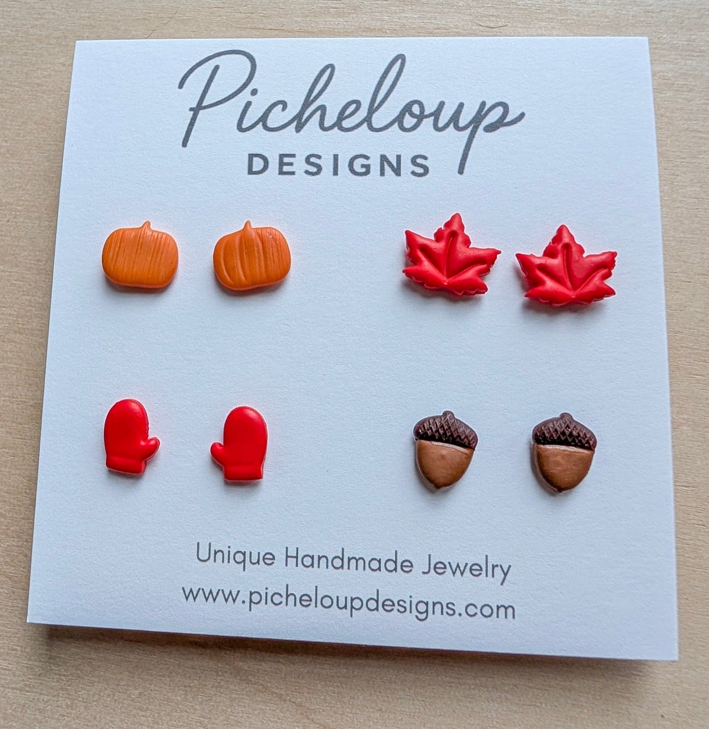 Fall Stud Earring Set – Pumpkins, Mittens, Maple Leaf & Acorn (Hypoallergenic Titanium)