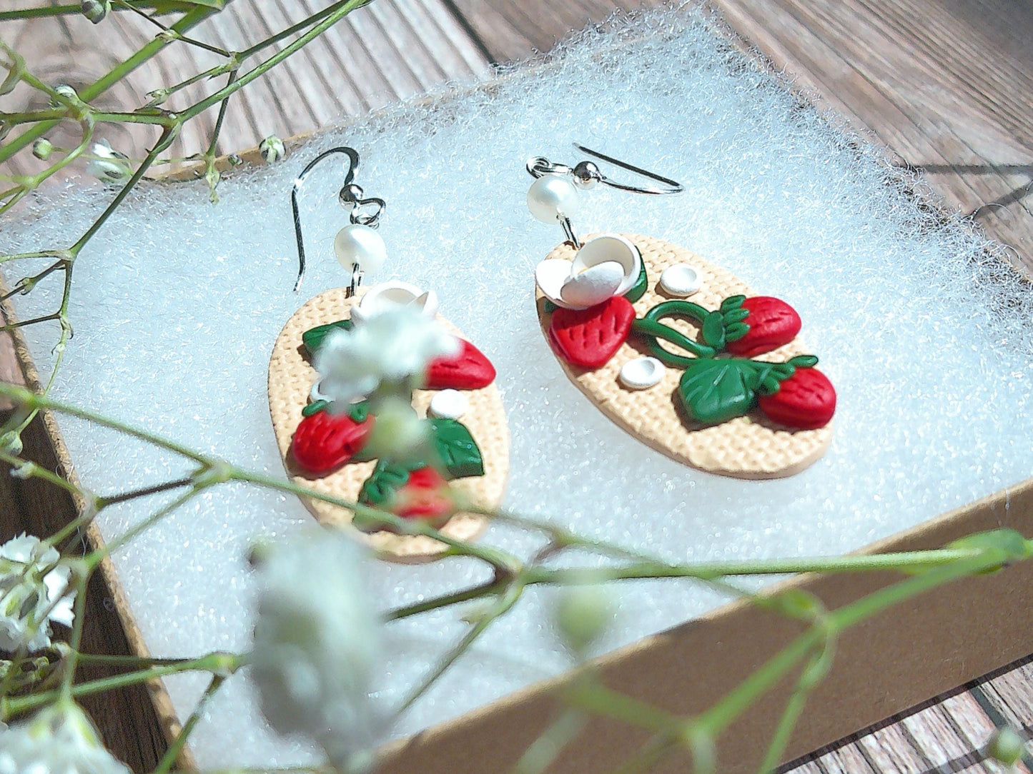 Strawberry Vine Earrings – Polymer Clay Garden Dangles with Freshwater Pearls & Sterling Silver Hooks