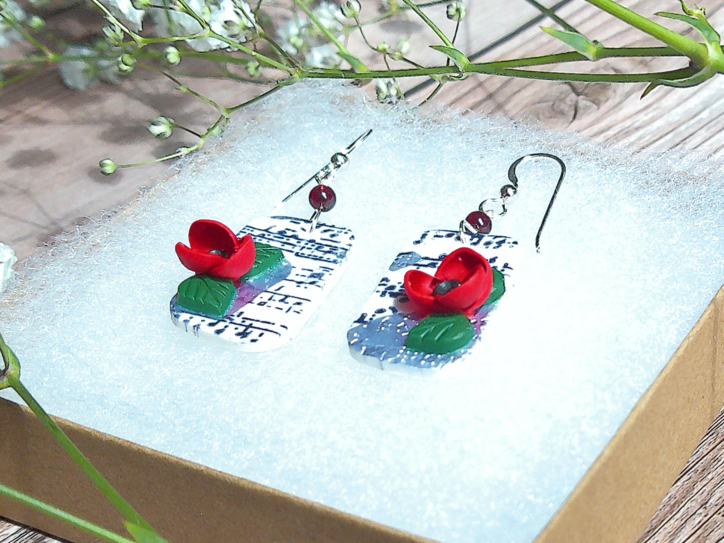 Crescendo Earrings – Rhombus Music Note Dangles with Garnet & Floral Accents