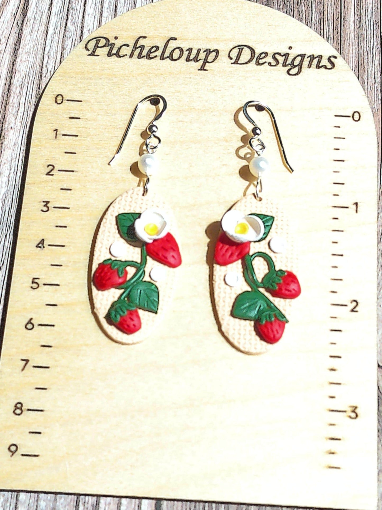 Strawberry Vine Earrings – Polymer Clay Garden Dangles with Freshwater Pearls & Sterling Silver Hooks