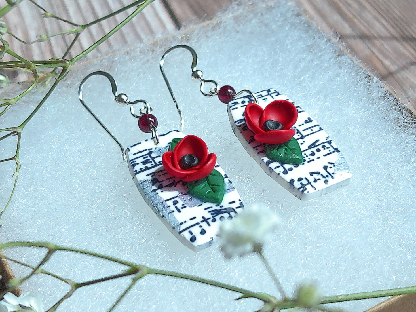 Melody Earrings – Organic Shaped Music Note Dangles with Garnet & Floral Accents