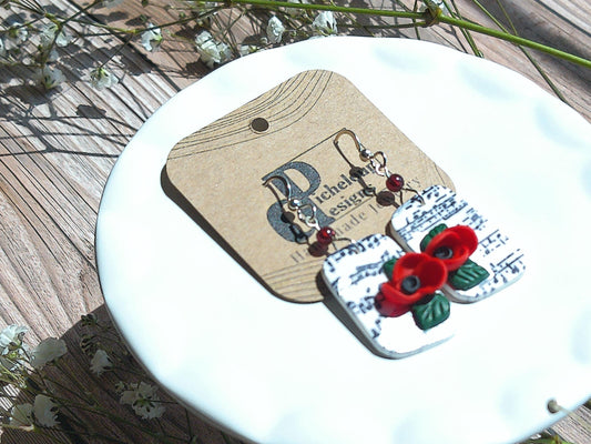 Crescendo Earrings – Rhombus Music Note Dangles with Garnet & Floral Accents