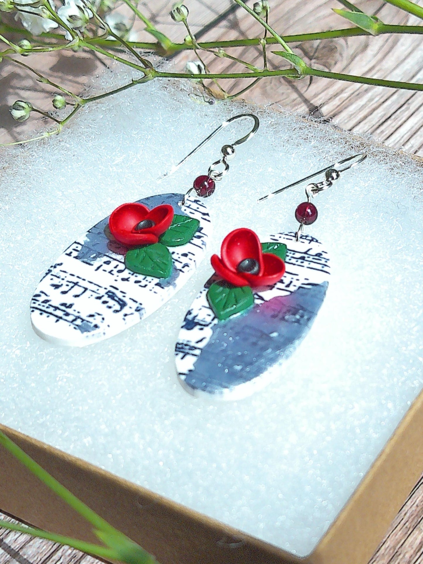 Sonata Earrings – Oval Polymer Clay Dangles with Garnet Accents & Music Note Design