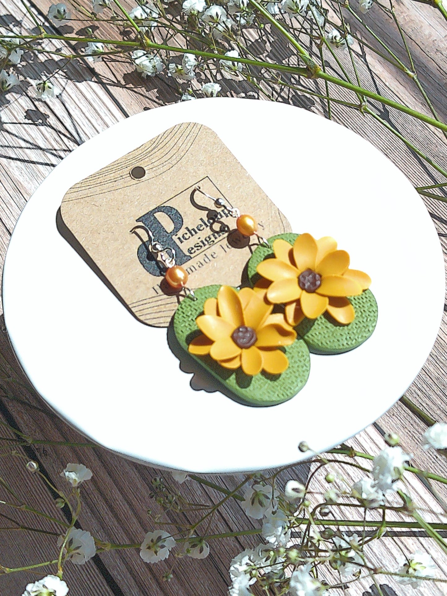 Sun Meadow Earrings – Sunflower Polymer Clay Dangles with Freshwater Pearl & Sterling Silver Hooks