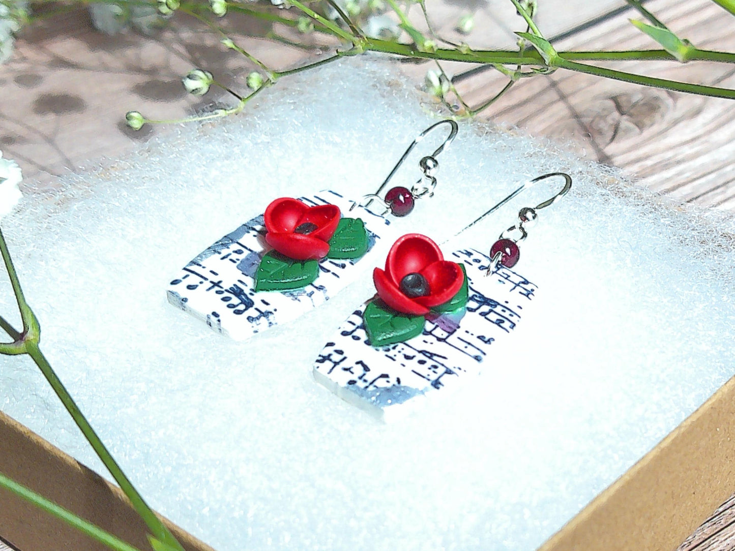 Melody Earrings – Organic Shaped Music Note Dangles with Garnet & Floral Accents