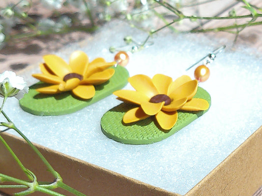 Sun Meadow Earrings – Sunflower Polymer Clay Dangles with Freshwater Pearl & Sterling Silver Hooks