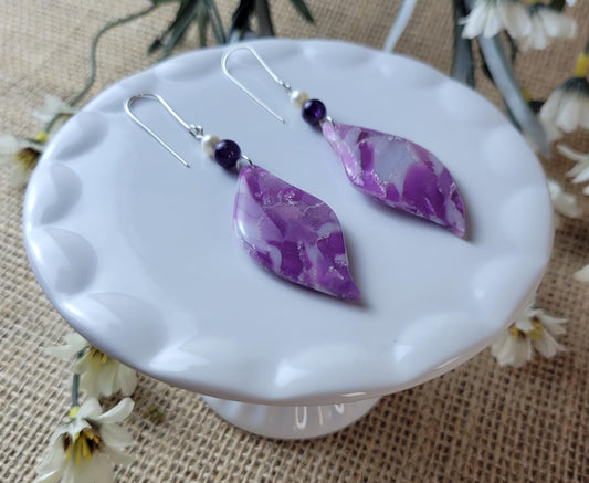 Amethyst Clay Earrings – Crystal-Inspired Jewelry for Intuition & Calm, Lightweight Handmade Dangles, Spiritual Gift for Her, Boho Style