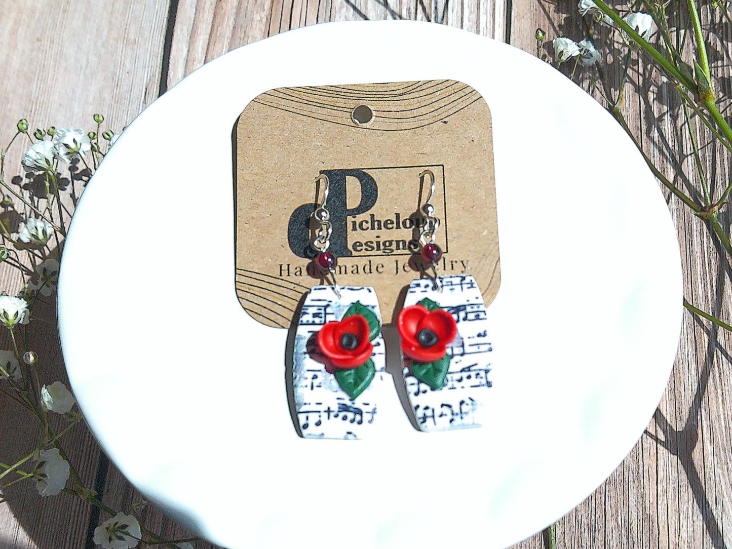 Melody Earrings – Organic Shaped Music Note Dangles with Garnet & Floral Accents