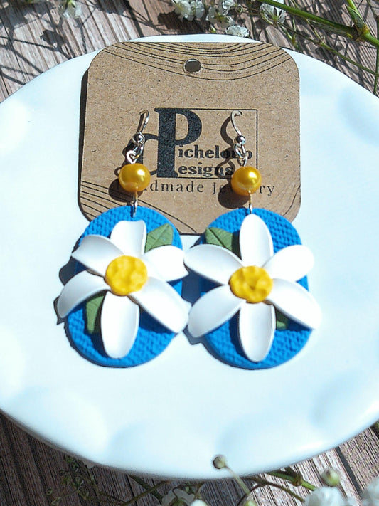 Wild Daisy Bloom Earrings – Blue Polymer Clay Floral Dangles with Freshwater Pearl & Sterling Silver Hooks