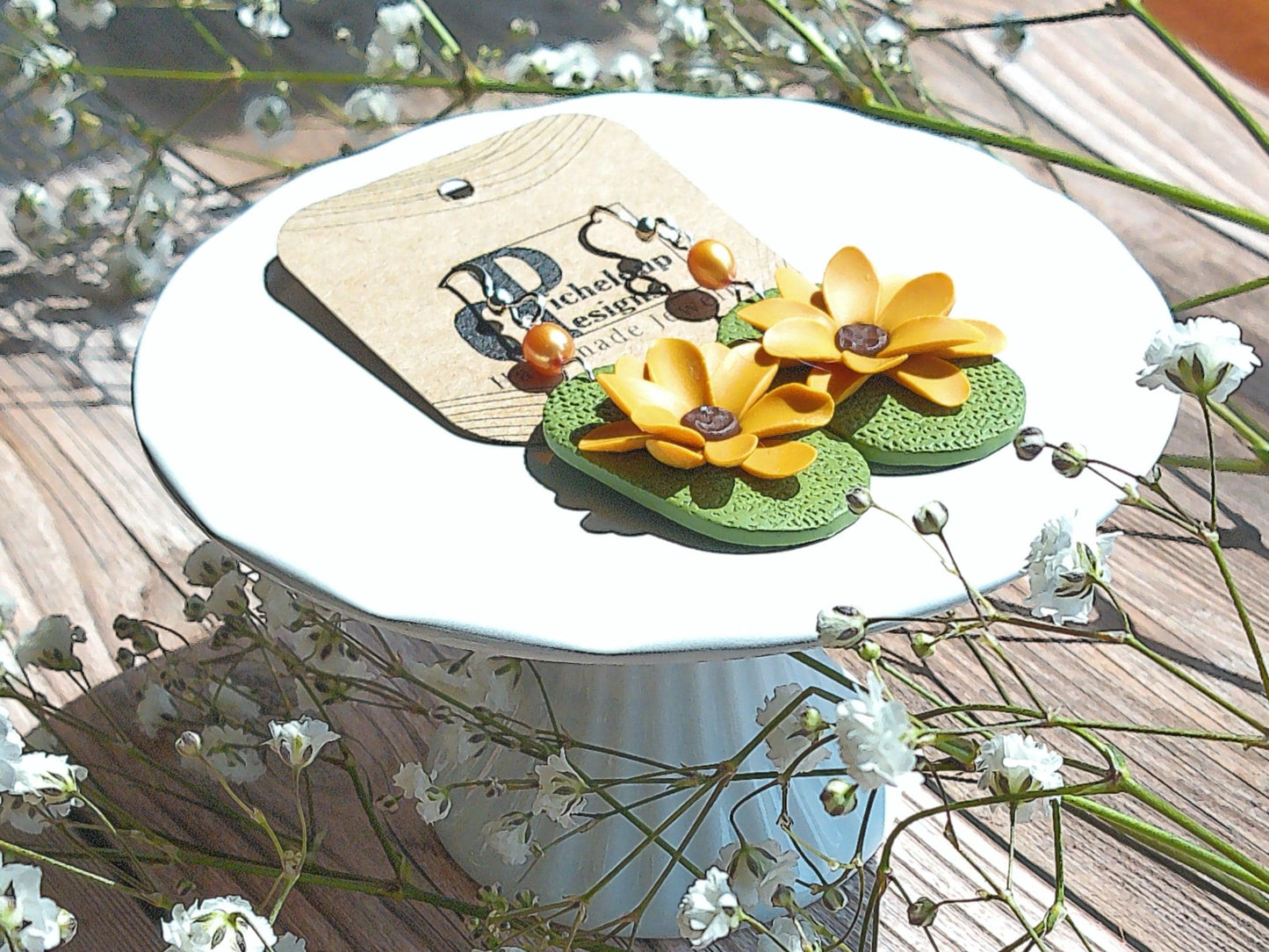 Sun Meadow Earrings – Sunflower Polymer Clay Dangles with Freshwater Pearl & Sterling Silver Hooks