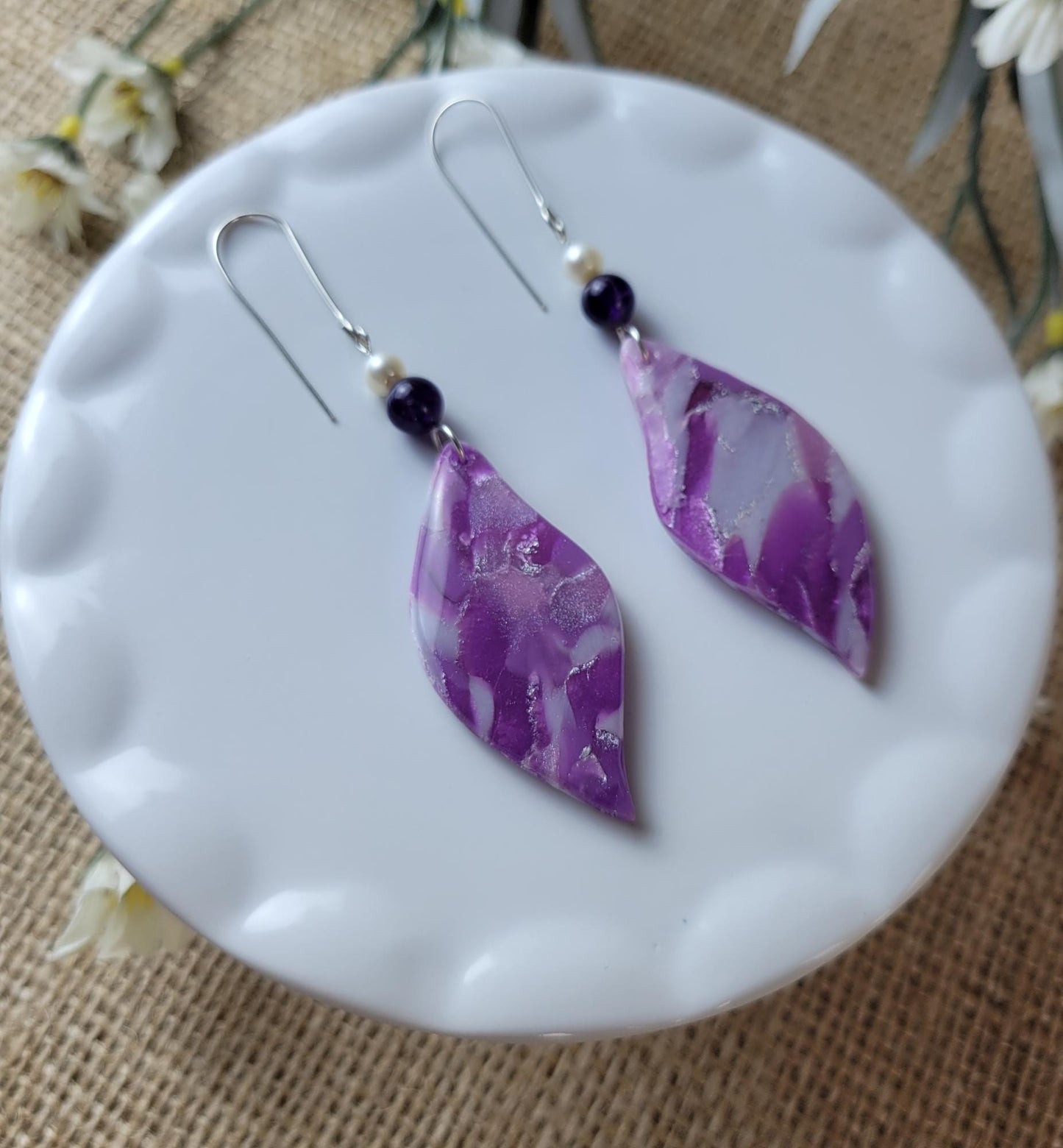 Amethyst Clay Earrings – Crystal-Inspired Jewelry for Intuition & Calm, Lightweight Handmade Dangles, Spiritual Gift for Her, Boho Style