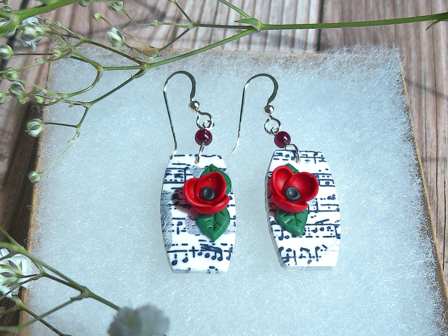 Melody Earrings – Organic Shaped Music Note Dangles with Garnet & Floral Accents