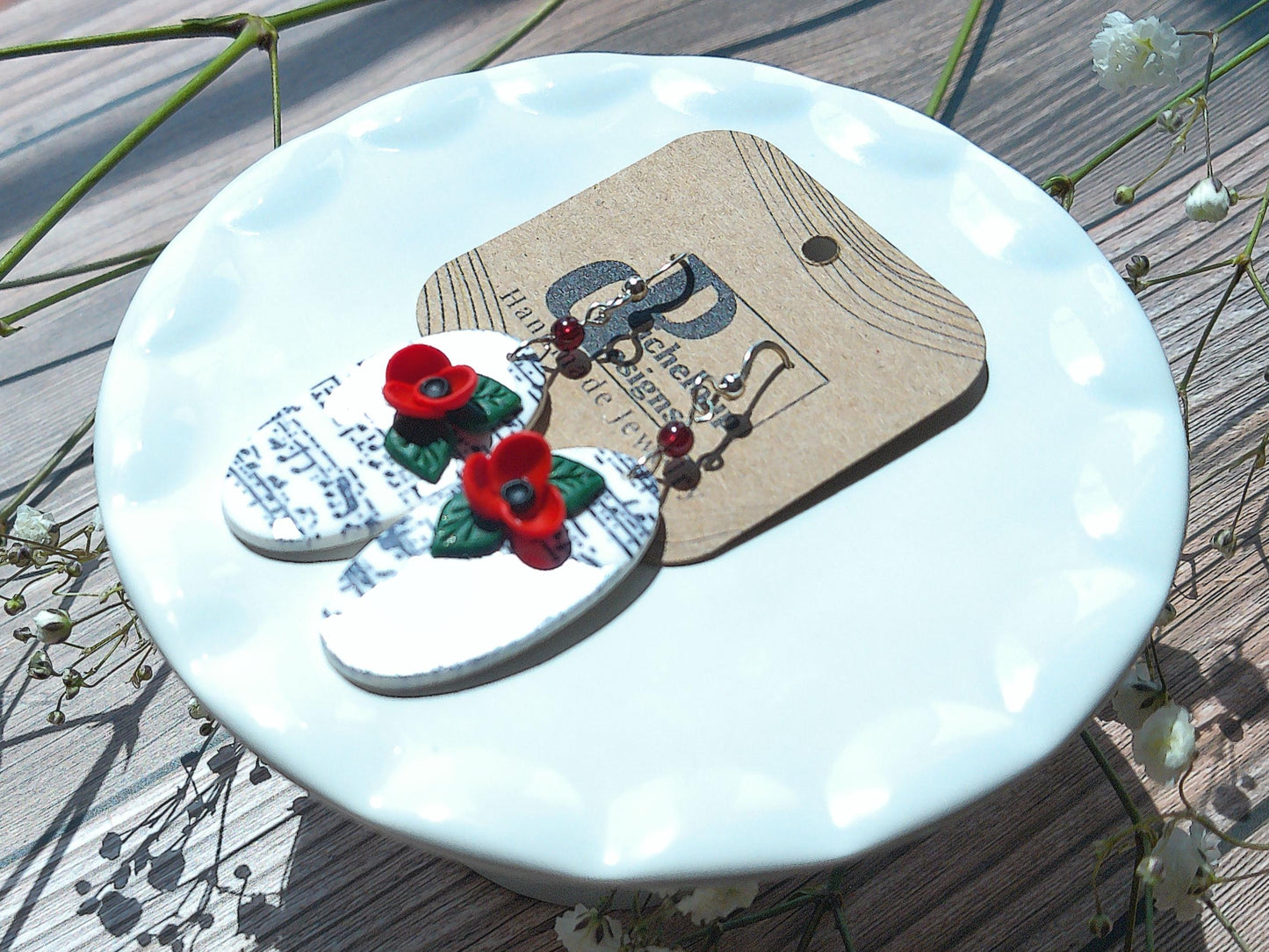 Sonata Earrings – Oval Polymer Clay Dangles with Garnet Accents & Music Note Design