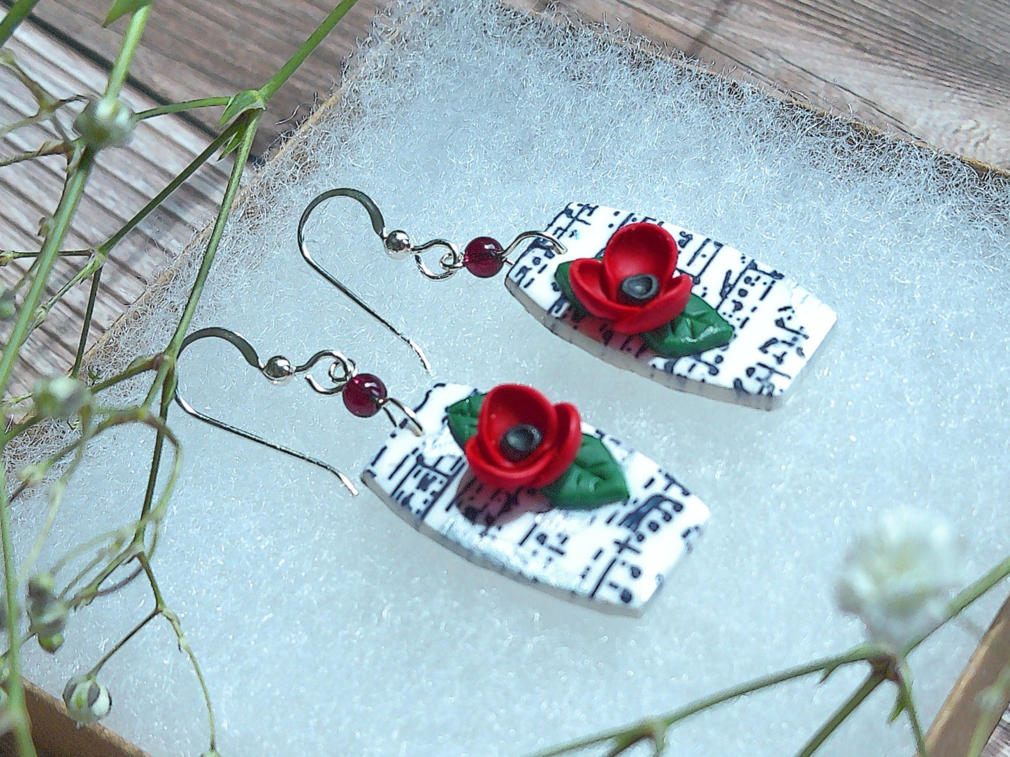 Melody Earrings – Organic Shaped Music Note Dangles with Garnet & Floral Accents