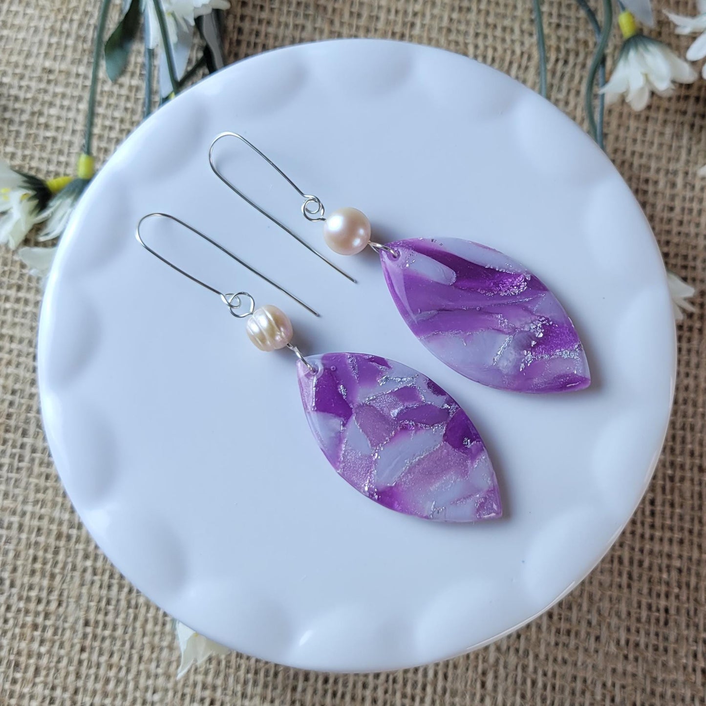 Amethyst Clay Earrings – Minimalist Crystal-Inspired Dangles, Lightweight & Handmade, Modern Jewelry Gift, Sterling Silver Hooks