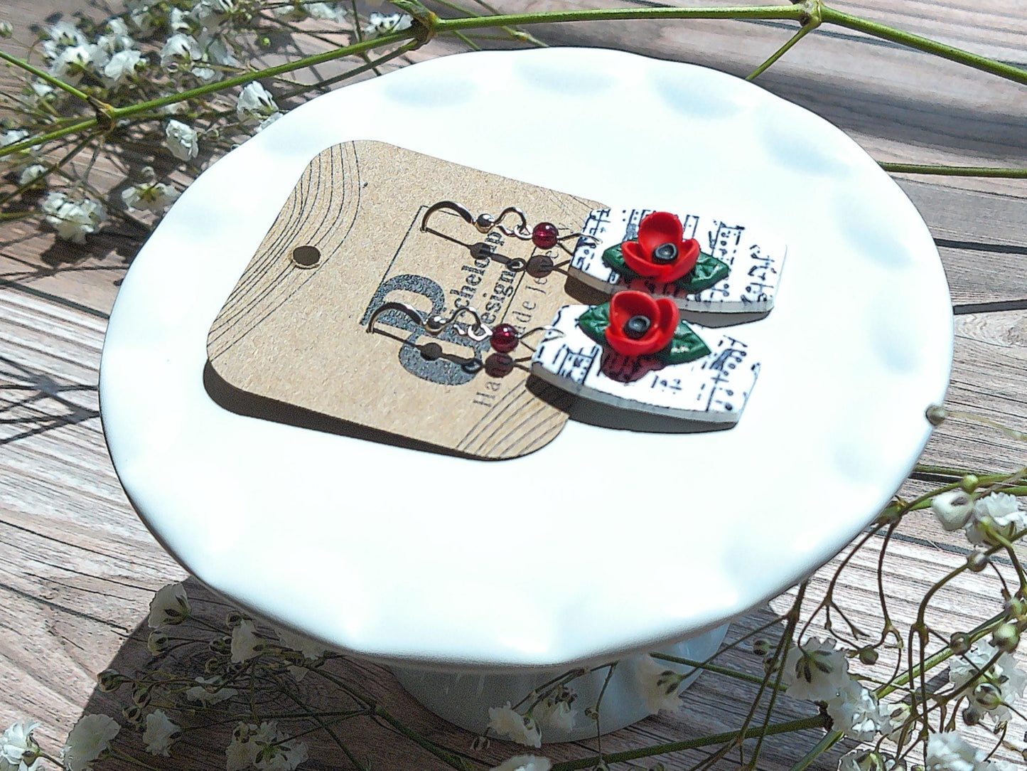 Melody Earrings – Organic Shaped Music Note Dangles with Garnet & Floral Accents