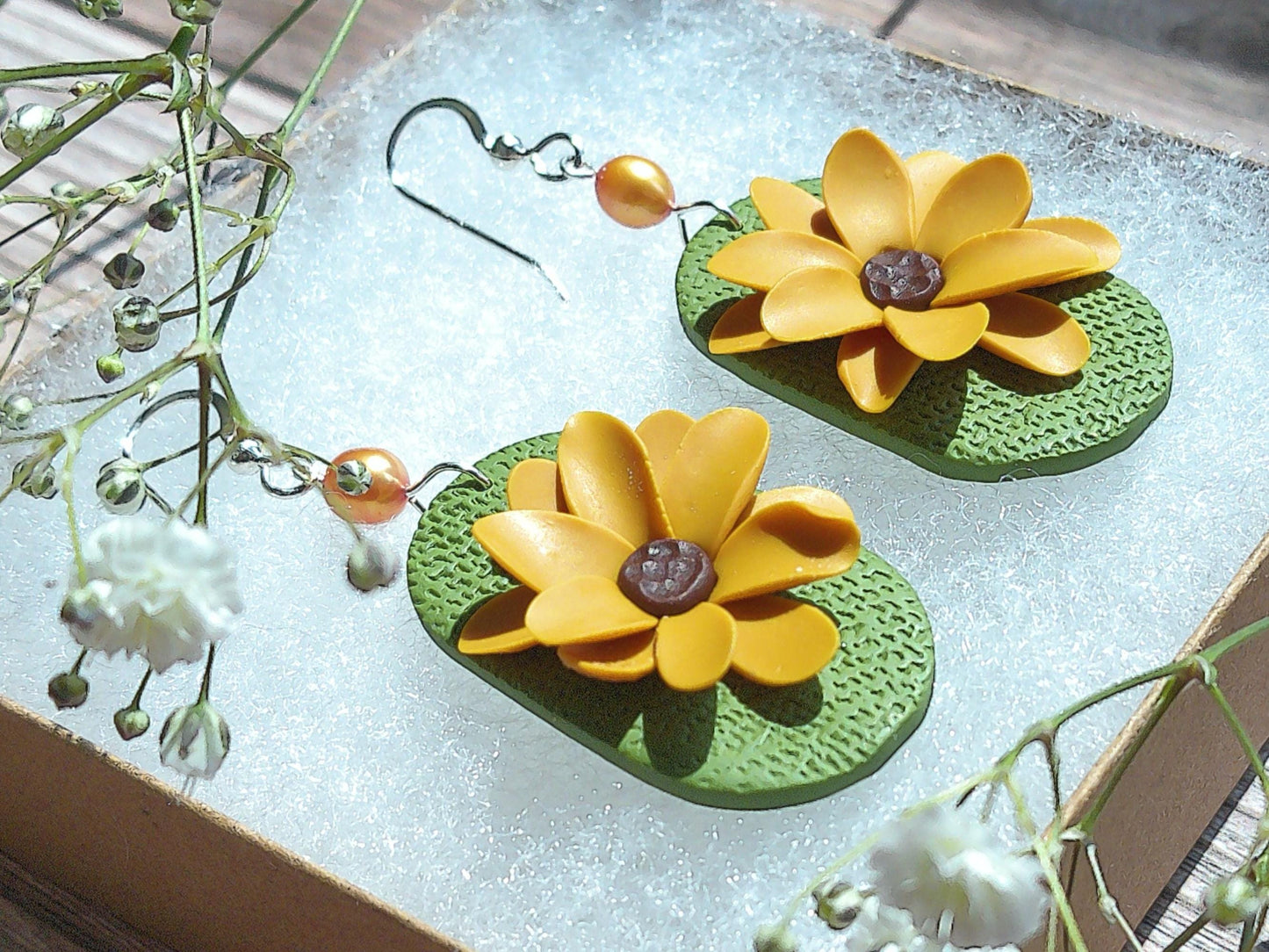 Sun Meadow Earrings – Sunflower Polymer Clay Dangles with Freshwater Pearl & Sterling Silver Hooks