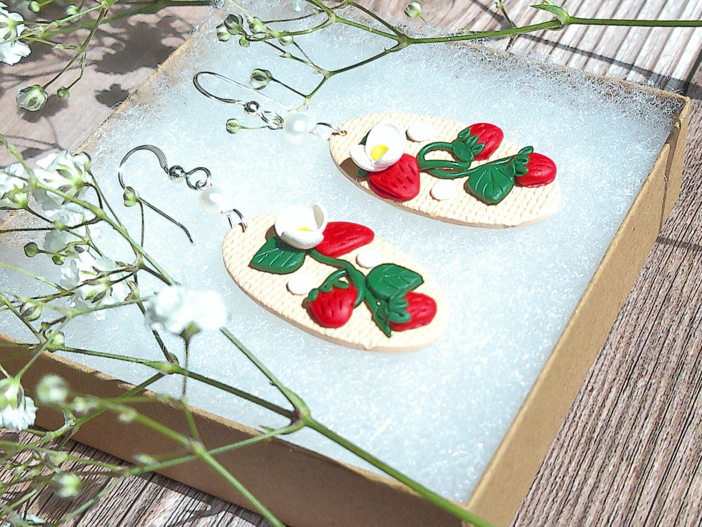 Strawberry Vine Earrings – Polymer Clay Garden Dangles with Freshwater Pearls & Sterling Silver Hooks