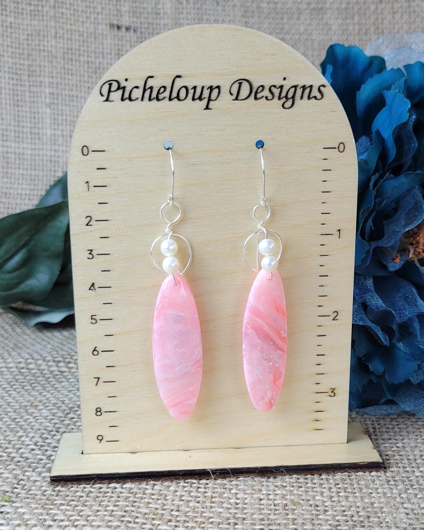 Oval Rose Quartz Clay Earrings – Lightweight Dangle Jewelry, Handmade Minimalist Gift for Her, Sterling Silver, Crystal Inspired Boho Style