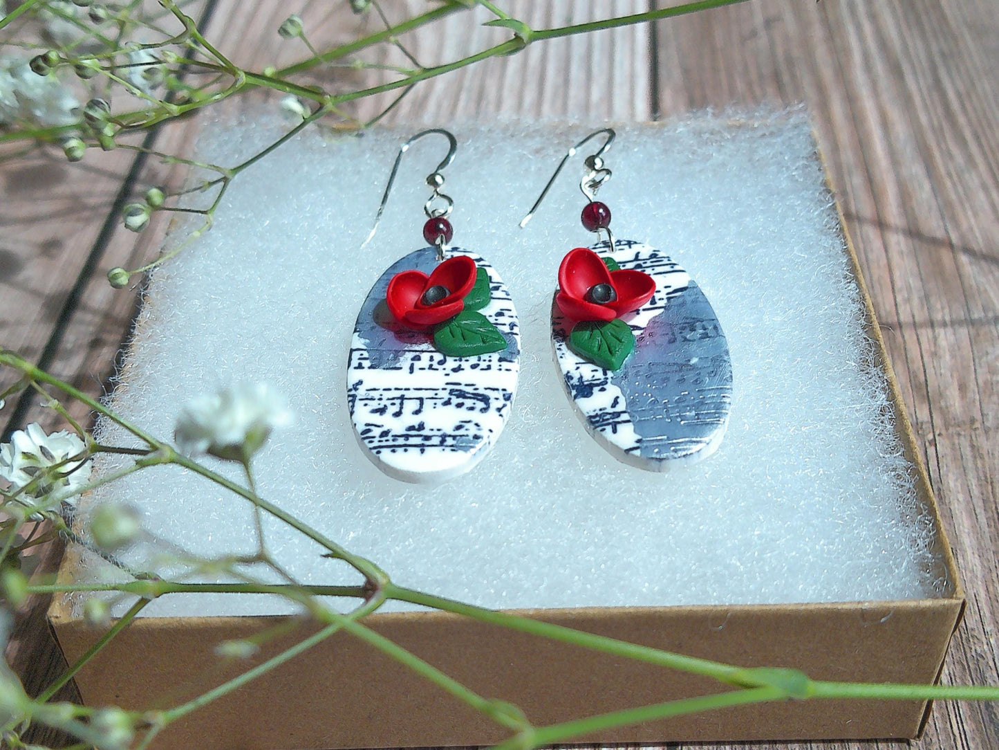 Sonata Earrings – Oval Polymer Clay Dangles with Garnet Accents & Music Note Design