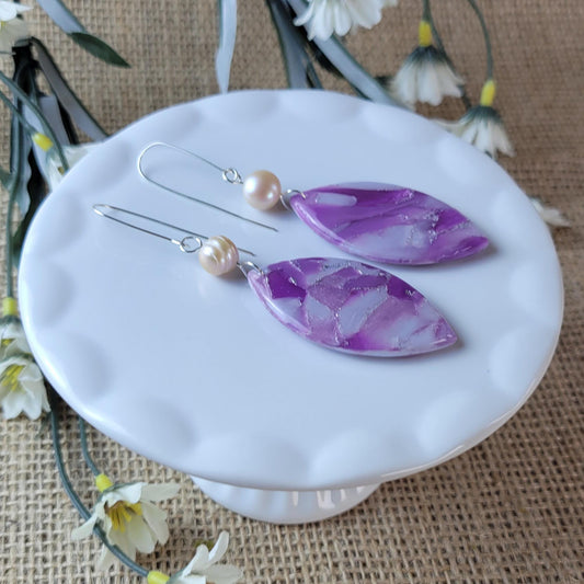 Amethyst Clay Earrings – Minimalist Crystal-Inspired Dangles, Lightweight & Handmade, Modern Jewelry Gift, Sterling Silver Hooks