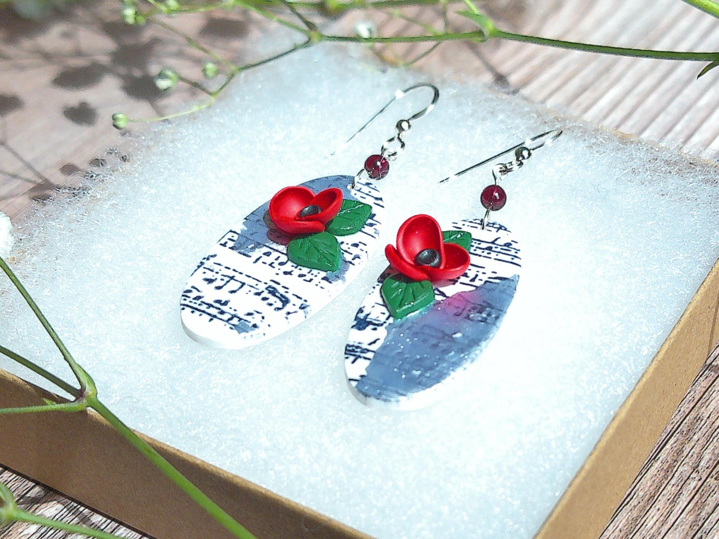 Sonata Earrings – Oval Polymer Clay Dangles with Garnet Accents & Music Note Design
