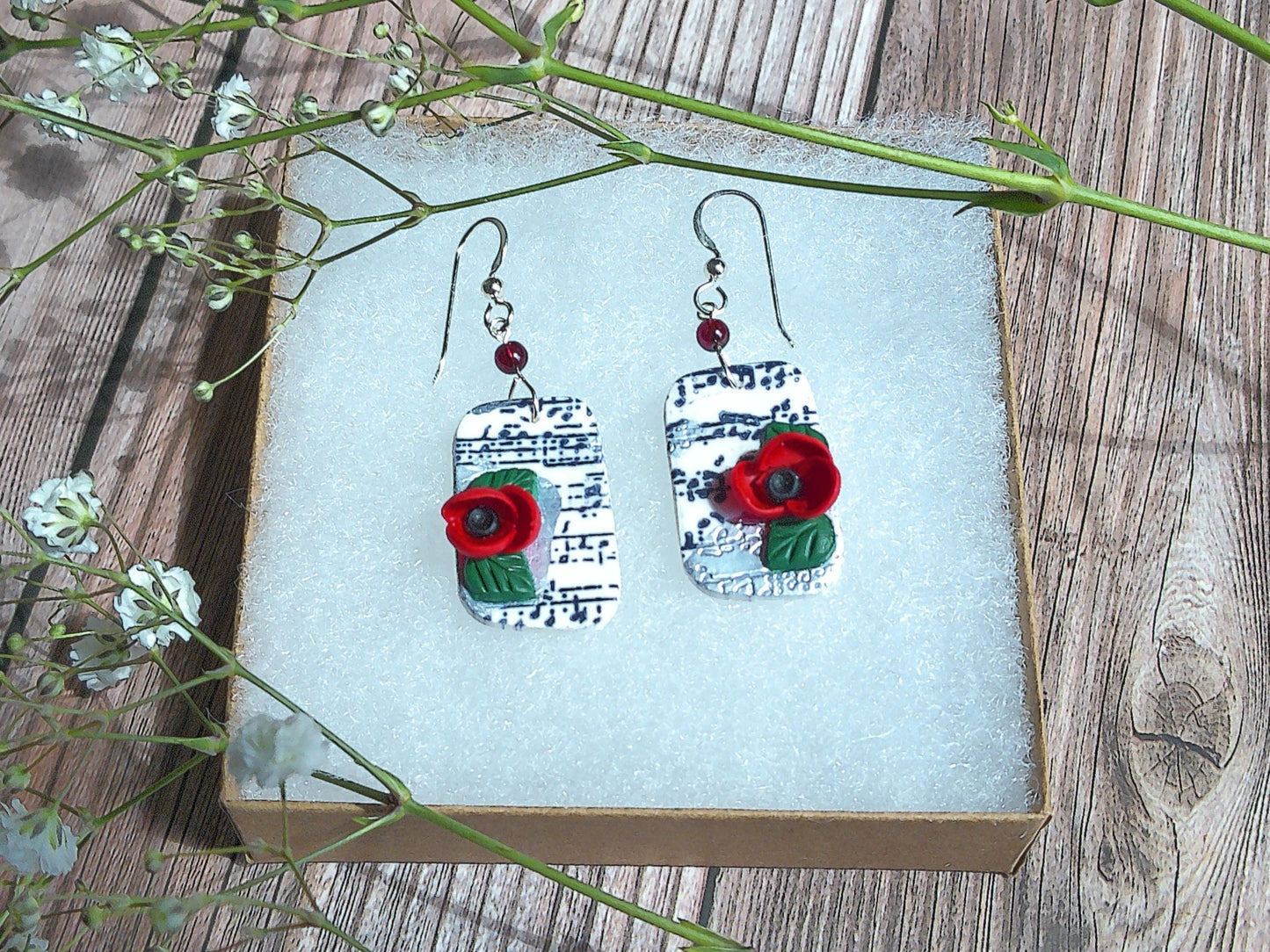 Crescendo Earrings – Rhombus Music Note Dangles with Garnet & Floral Accents