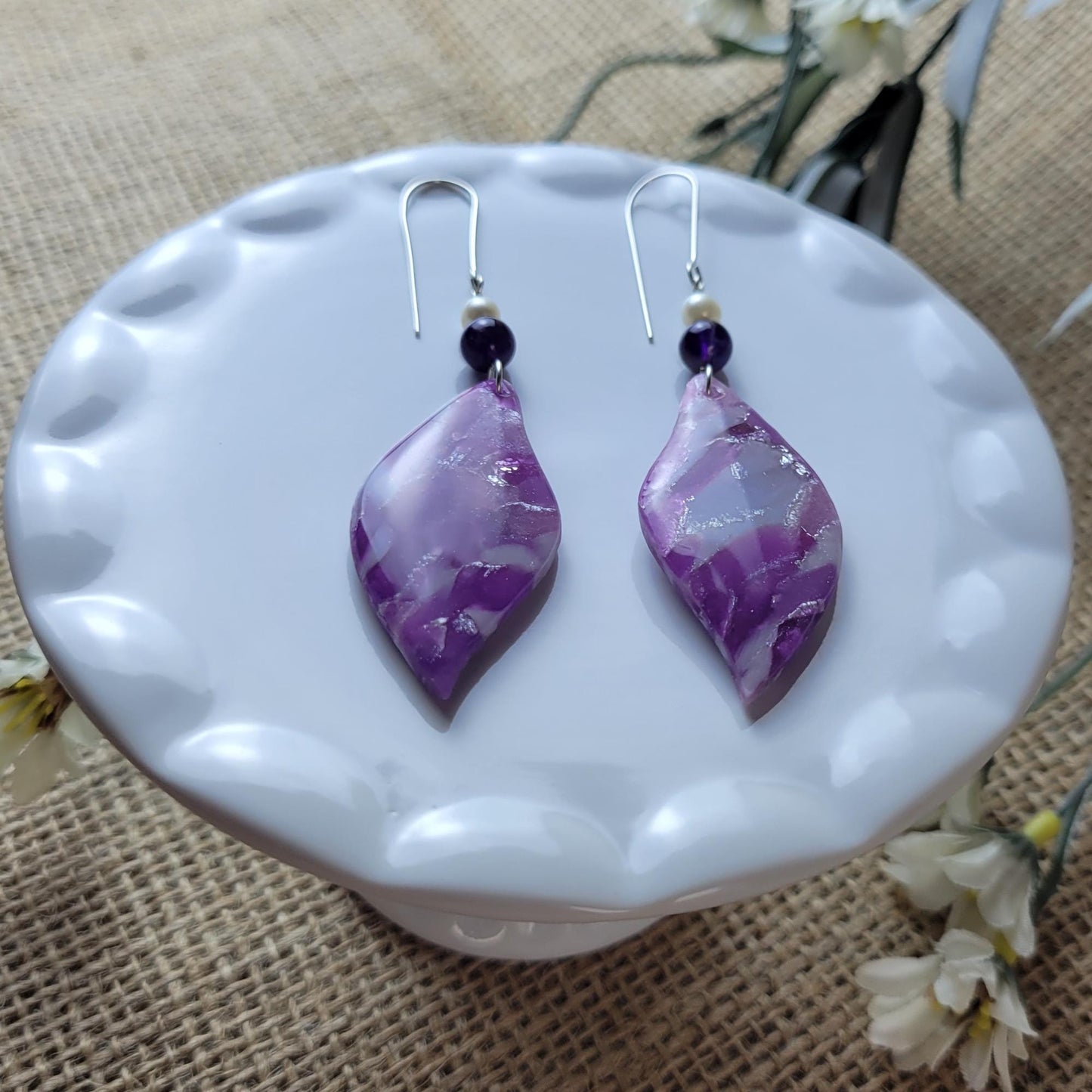 Amethyst Clay Earrings – Crystal-Inspired Jewelry for Intuition & Calm, Lightweight Handmade Dangles, Spiritual Gift for Her, Boho Style