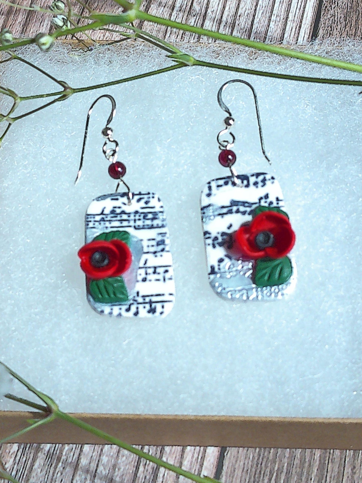 Crescendo Earrings – Rhombus Music Note Dangles with Garnet & Floral Accents