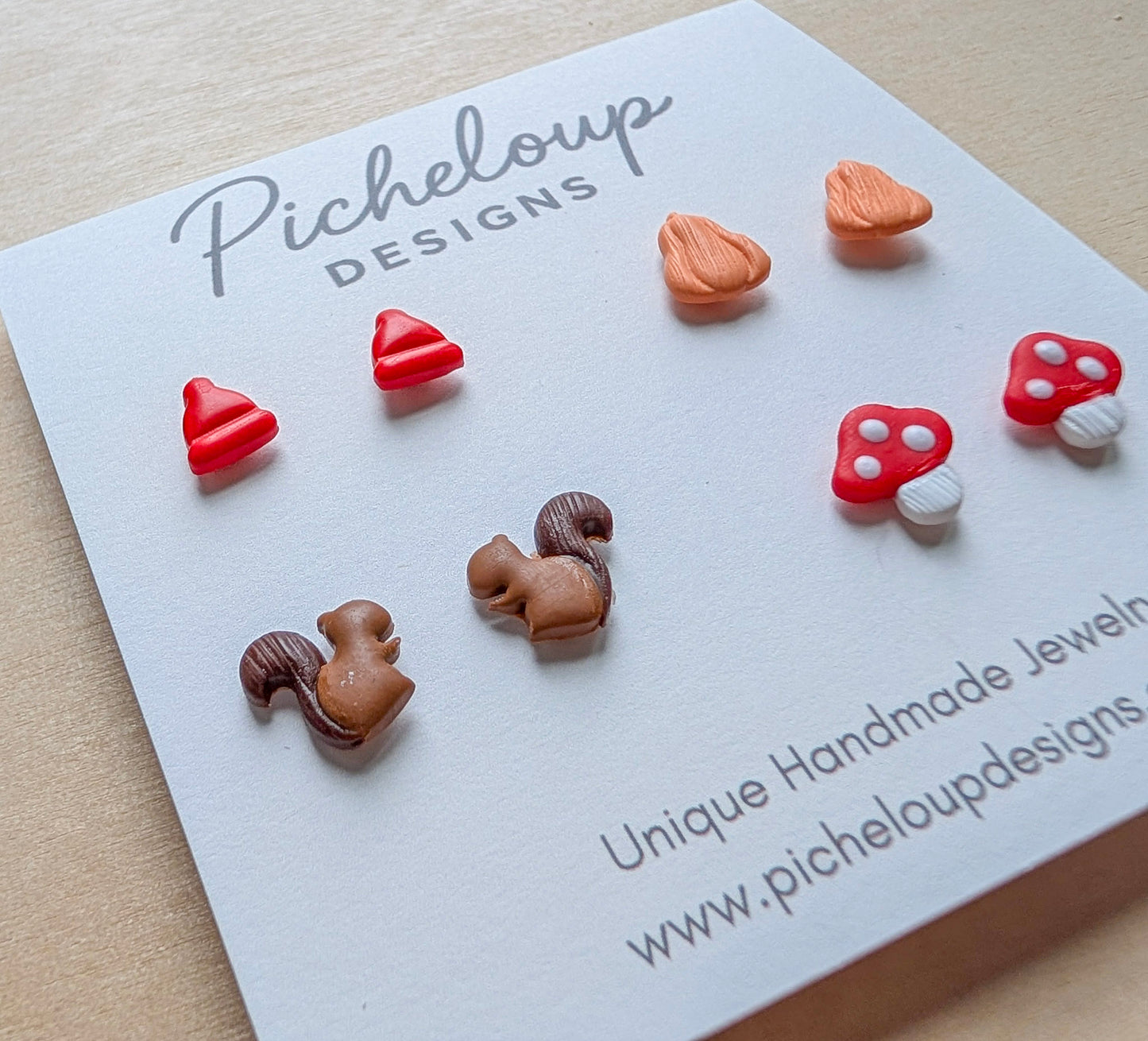 Fall Stud Earring Set – Mushroom, Squirrel, Hat & Squash (Hypoallergenic Titanium)