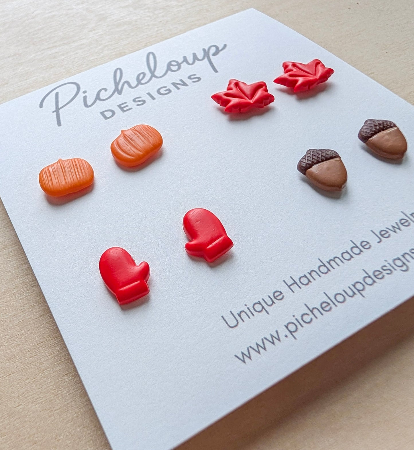 Fall Stud Earring Set – Pumpkins, Mittens, Maple Leaf & Acorn (Hypoallergenic Titanium)
