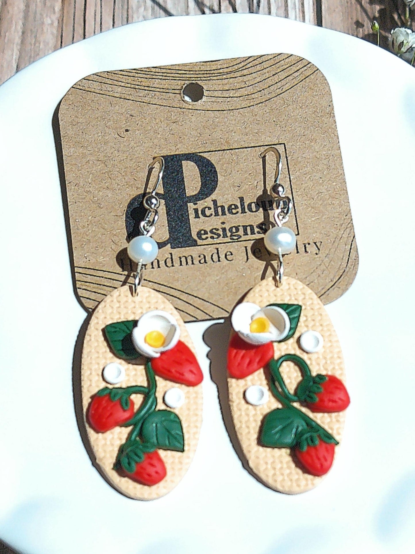 Strawberry Vine Earrings – Polymer Clay Garden Dangles with Freshwater Pearls & Sterling Silver Hooks