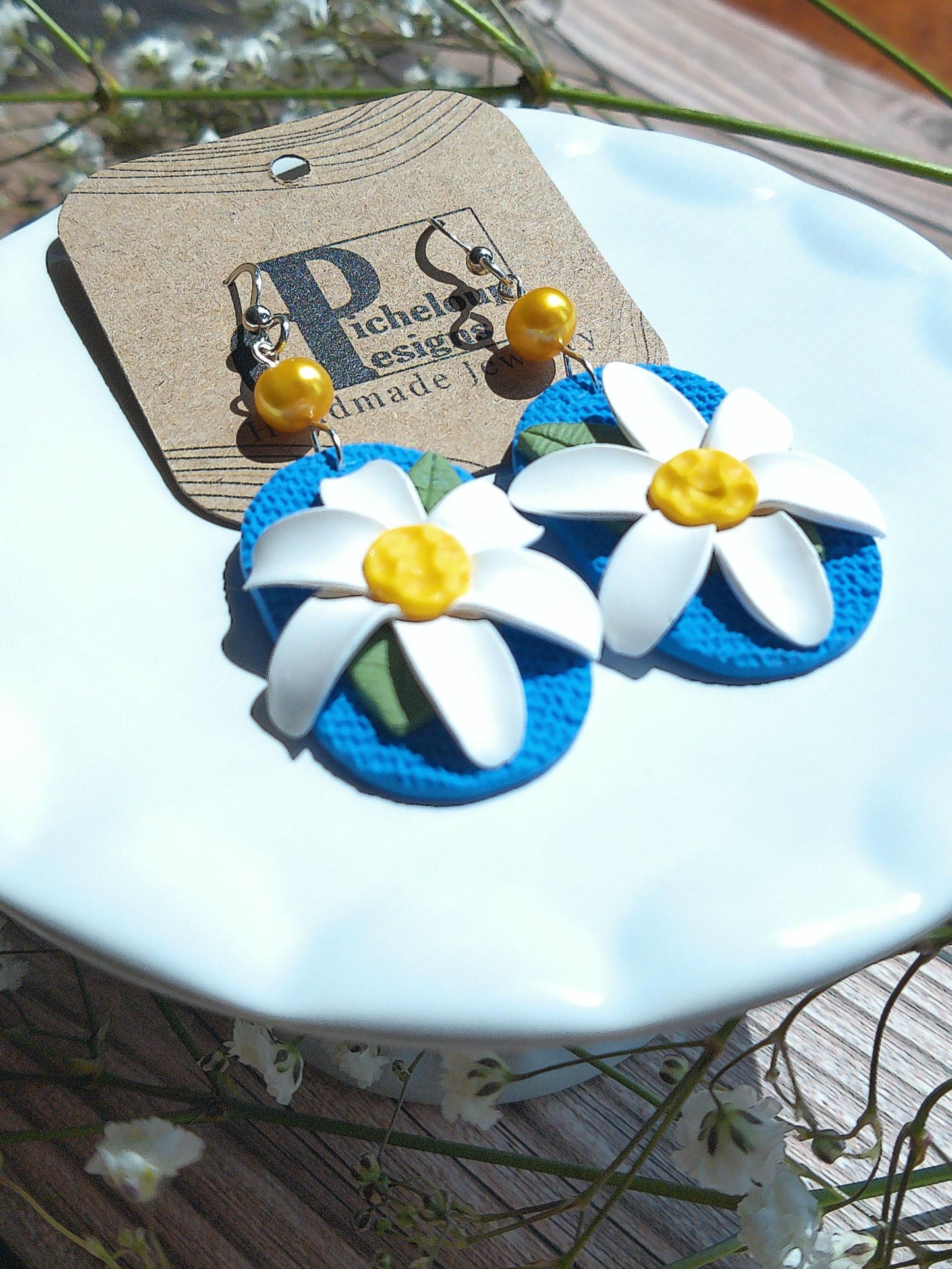 Wild Daisy Bloom Earrings – Blue Polymer Clay Floral Dangles with Freshwater Pearl & Sterling Silver Hooks
