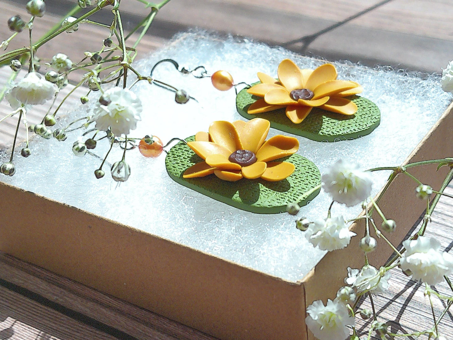 Sun Meadow Earrings – Sunflower Polymer Clay Dangles with Freshwater Pearl & Sterling Silver Hooks