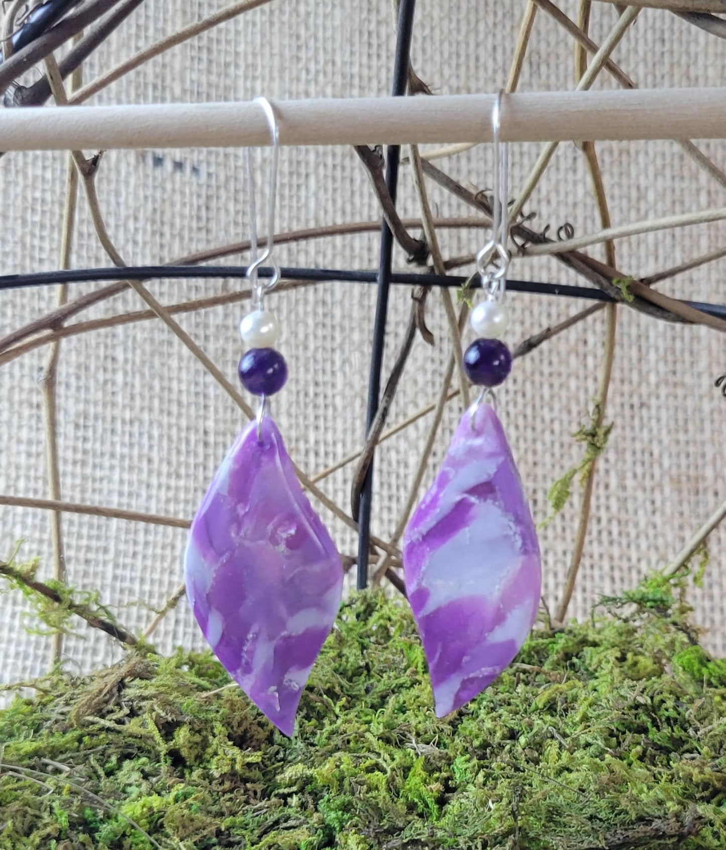 Amethyst Clay Earrings – Crystal-Inspired Jewelry for Intuition & Calm, Lightweight Handmade Dangles, Spiritual Gift for Her, Boho Style