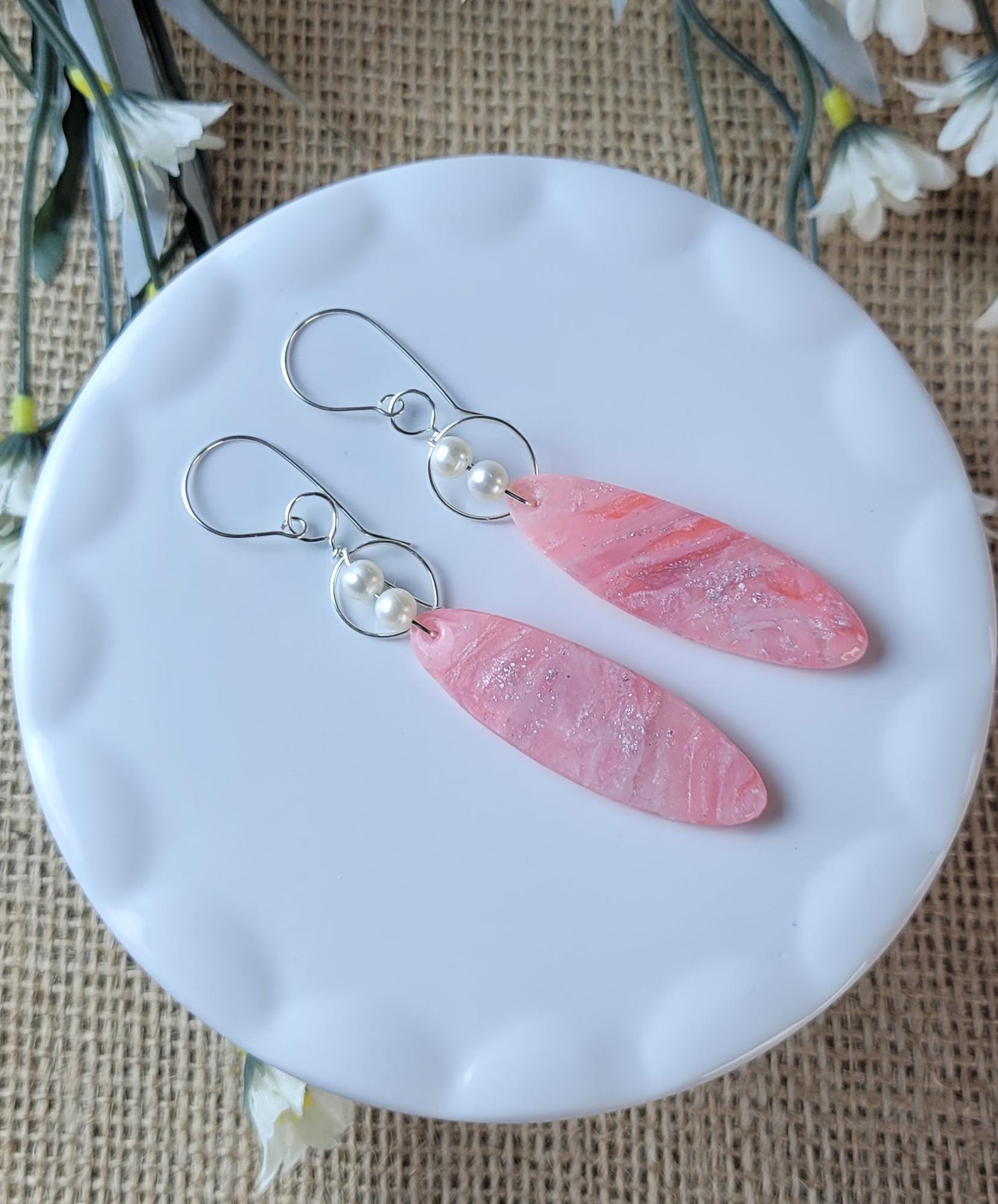 Oval Rose Quartz Clay Earrings – Lightweight Dangle Jewelry, Handmade Minimalist Gift for Her, Sterling Silver, Crystal Inspired Boho Style