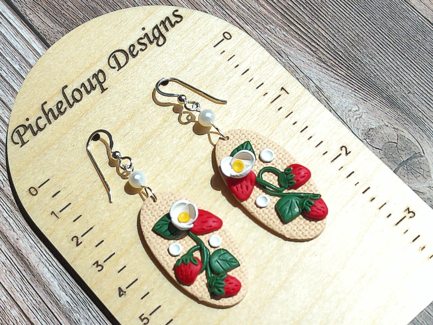 Strawberry Vine Earrings – Polymer Clay Garden Dangles with Freshwater Pearls & Sterling Silver Hooks