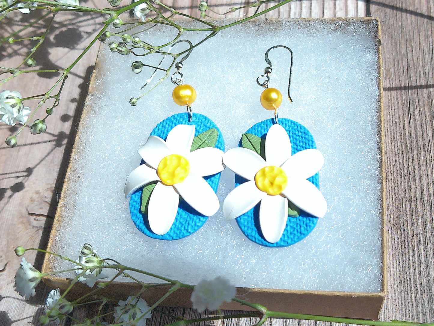 Wild Daisy Bloom Earrings – Blue Polymer Clay Floral Dangles with Freshwater Pearl & Sterling Silver Hooks