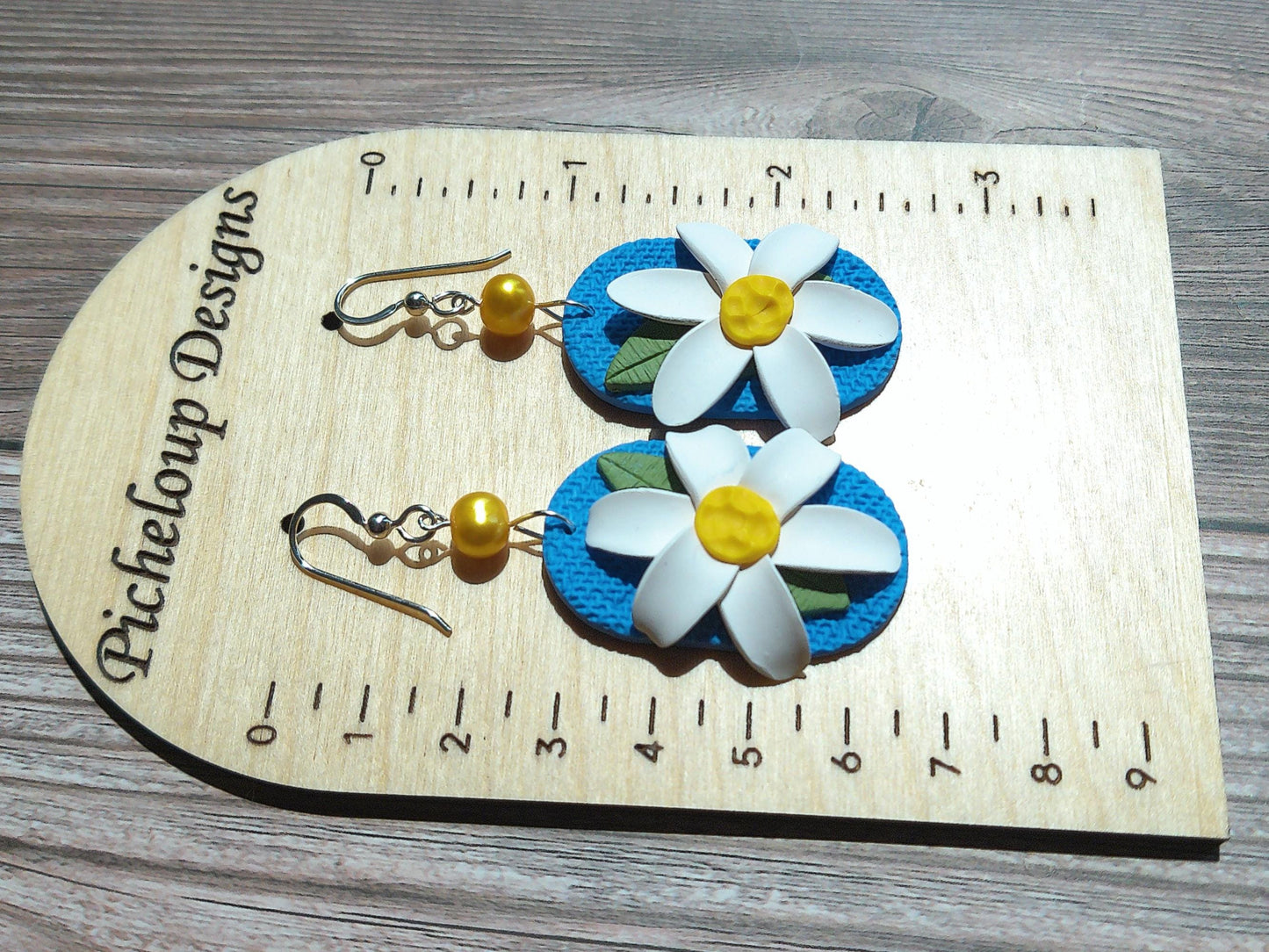 Wild Daisy Bloom Earrings – Blue Polymer Clay Floral Dangles with Freshwater Pearl & Sterling Silver Hooks