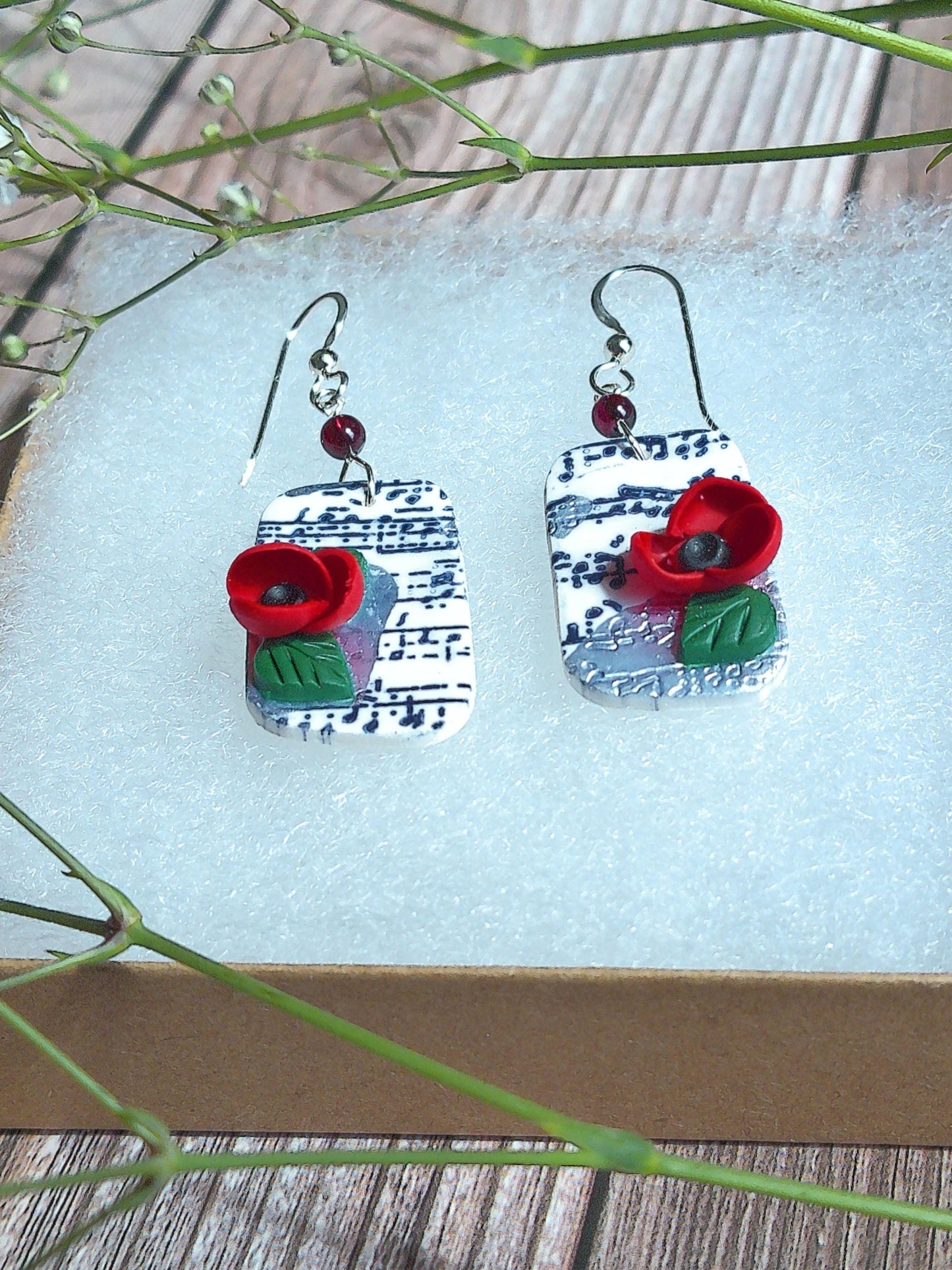 Crescendo Earrings – Rhombus Music Note Dangles with Garnet & Floral Accents